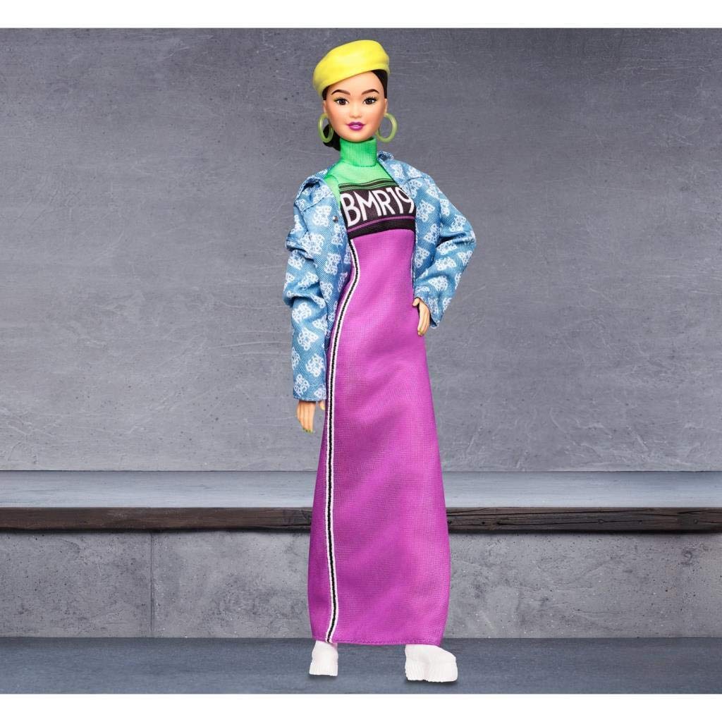 Barbie BMR1959 Fully Poseable Fashion Doll, Brunette, in Neon Motocross Dress, Denim Jacket and Beret, with Accessories and Doll Stand