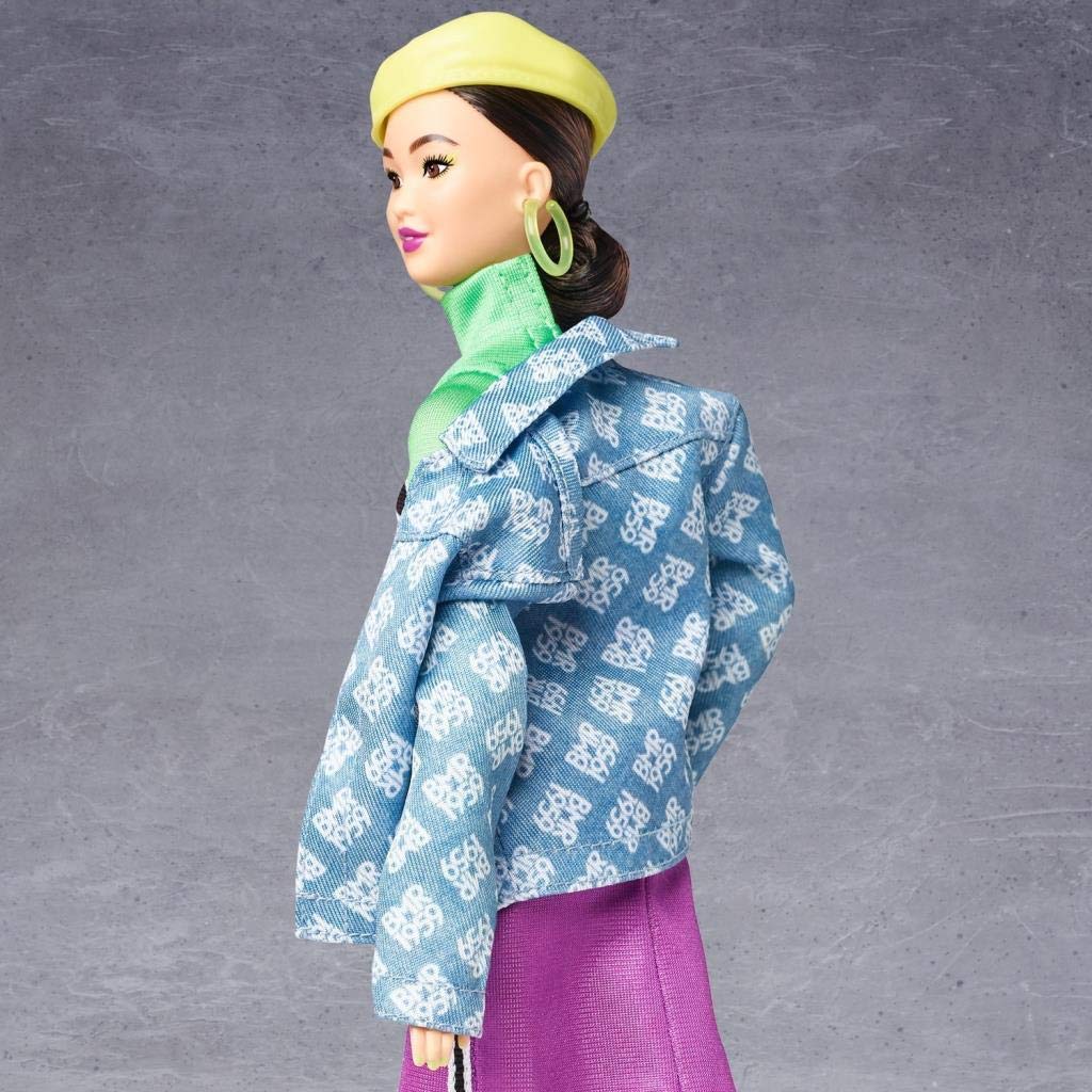 Barbie BMR1959 Fully Poseable Fashion Doll, Brunette, in Neon Motocross Dress, Denim Jacket and Beret, with Accessories and Doll Stand